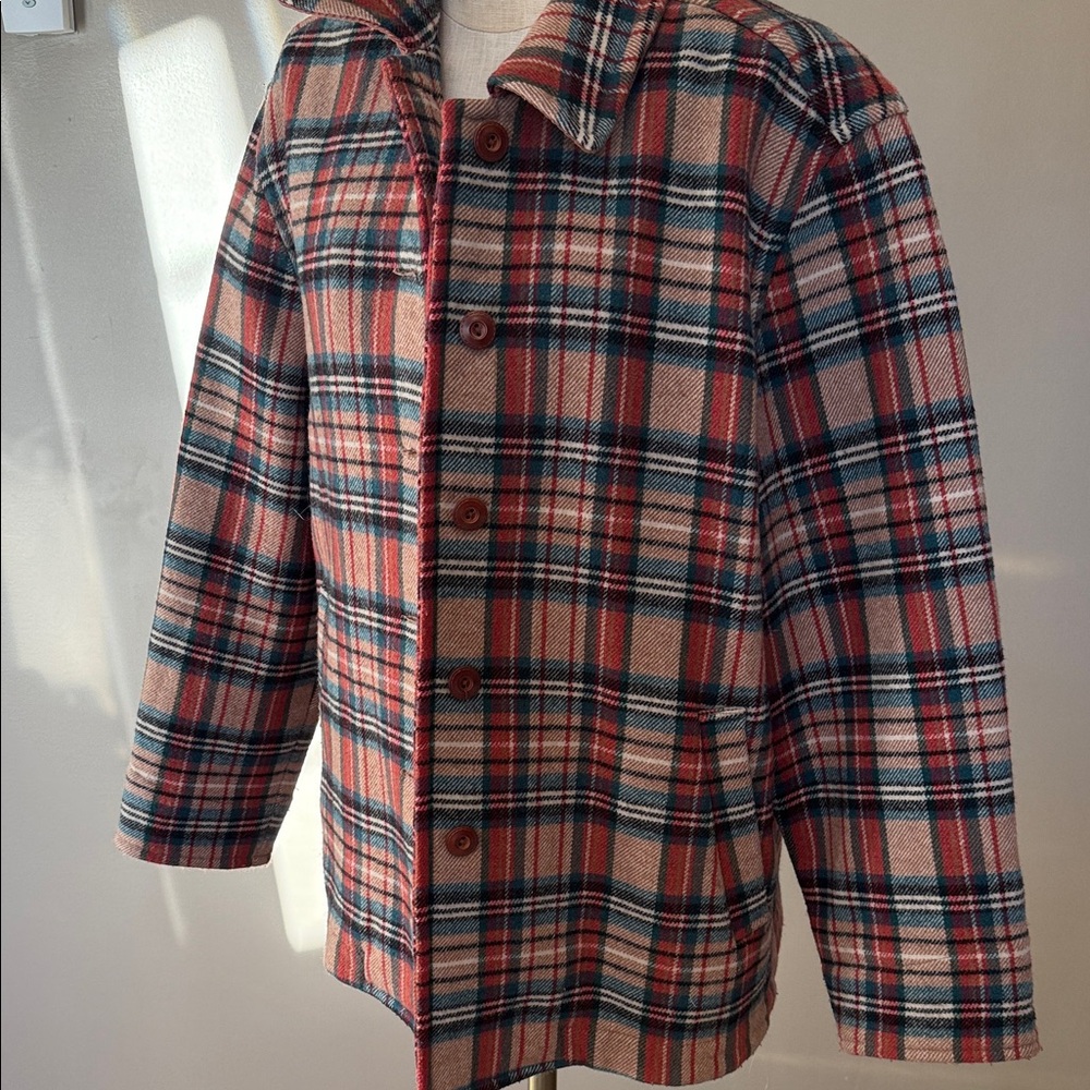 Source Unknown Plaid Pea Coat in Red and Green